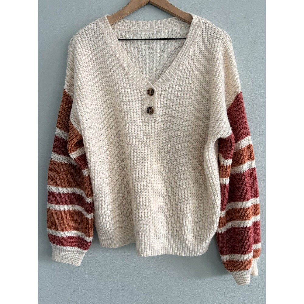 Cupshe Sweater Womens Large V Neck Pullover Stripe Long Sleeves Button Fall